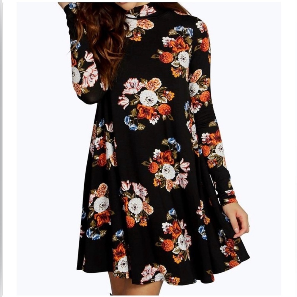 NWT Boohoo Harriet High Neck Swing Mini Black Floral Long Sleeve Dress UK 10 US6